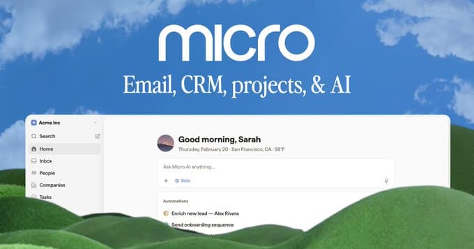 Micro logo and “Email, CRM, projects, & AI” above a workspace dashboard, with clouds and green hills.