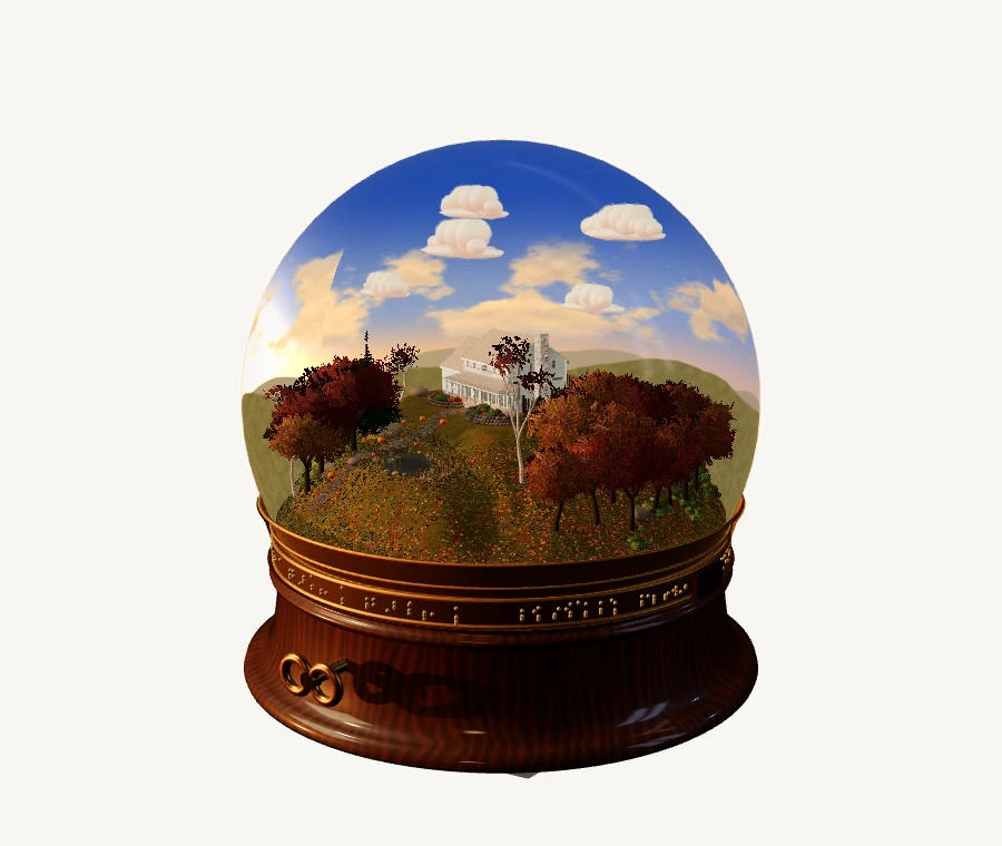 The original autumn globe: house, trees, clouds and a brass winding key.
